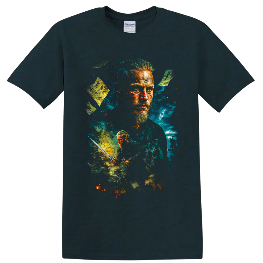 Ragnar Lothbrok Vikings warrior portrait with sword, rune stones, and teal storm art on a Midnight (Green) T Shirt