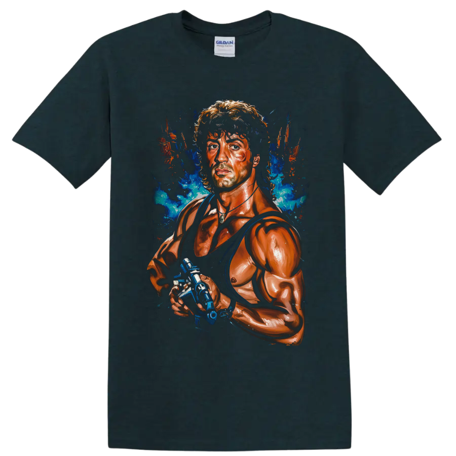 John Rambo tactical portrait with blue smoke and orange paint splatter artwork on a Midnight (Green) T Shirt