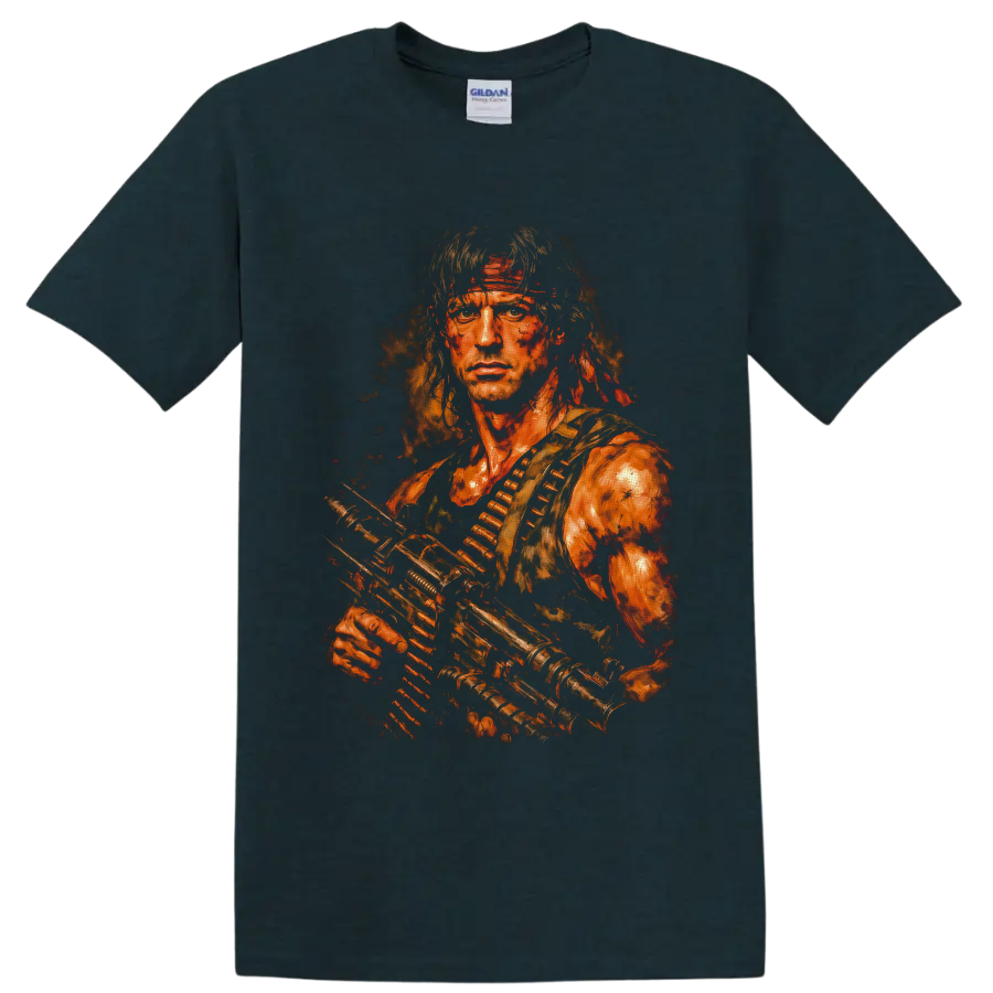 John Rambo First Blood distressed painterly portrait with rifle and ammunition belt on a Midnight (Green) T Shirt