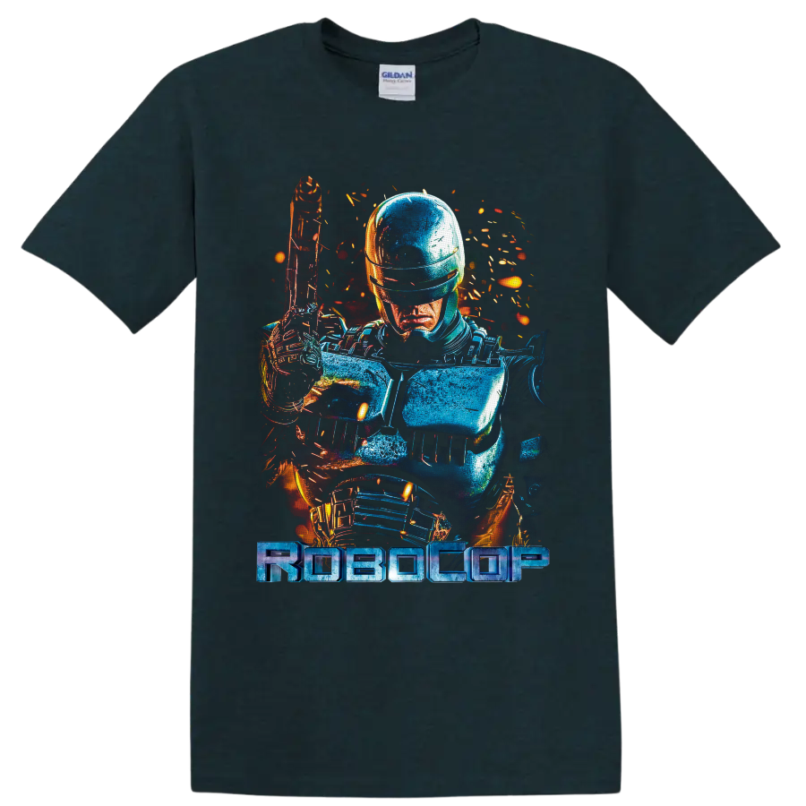 RoboCop cyborg police armor with raised sidearm, neon sparks, and RoboCop wordmark on a Midnight (Green) T Shirt