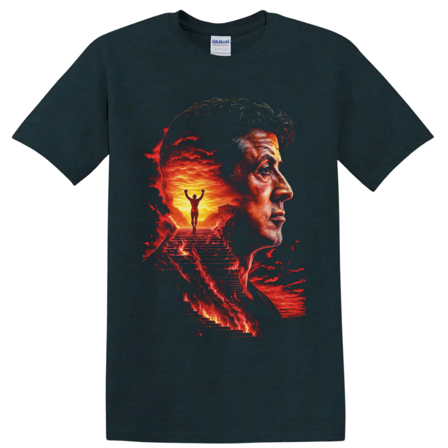Rocky Balboa portrait with fiery Philadelphia steps and victorious boxer artwork on a Midnight (Green) T Shirt