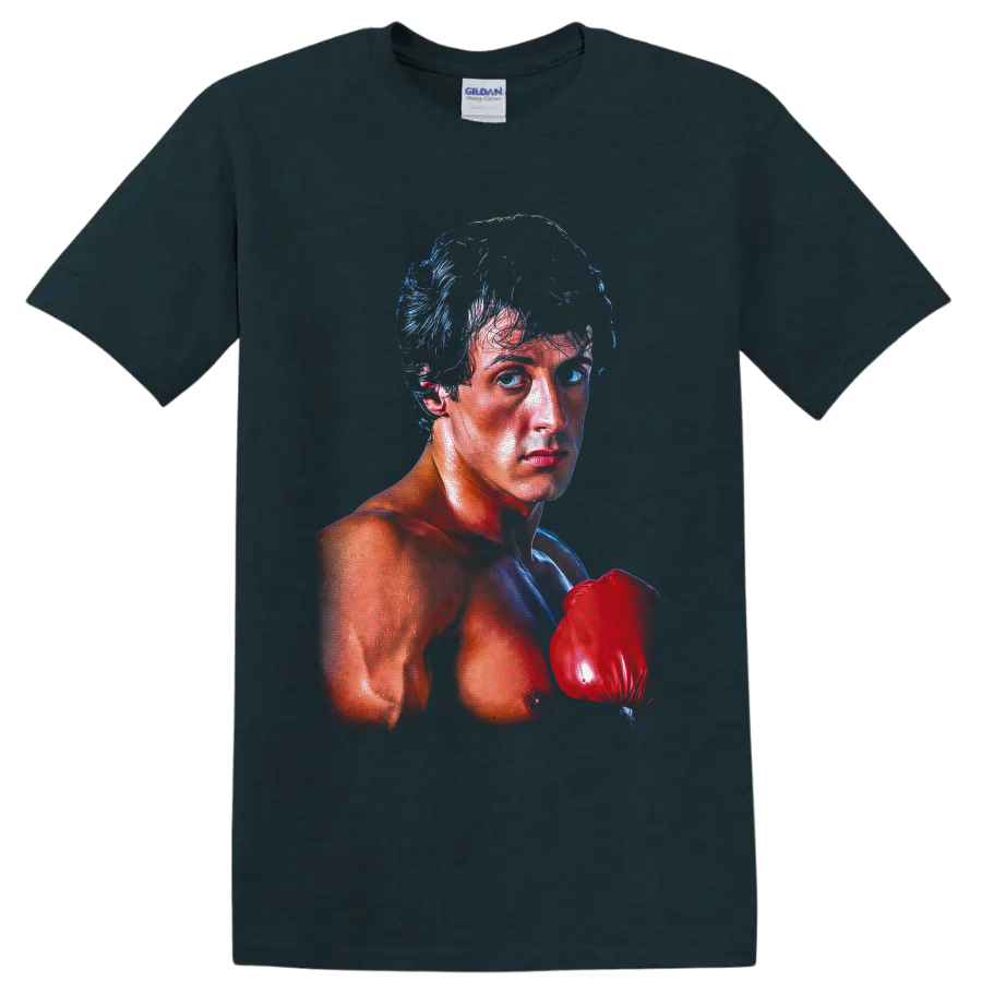 Rocky Balboa boxing portrait with a raised red glove in dramatic blue and red shading on a Midnight (Green) T Shirt