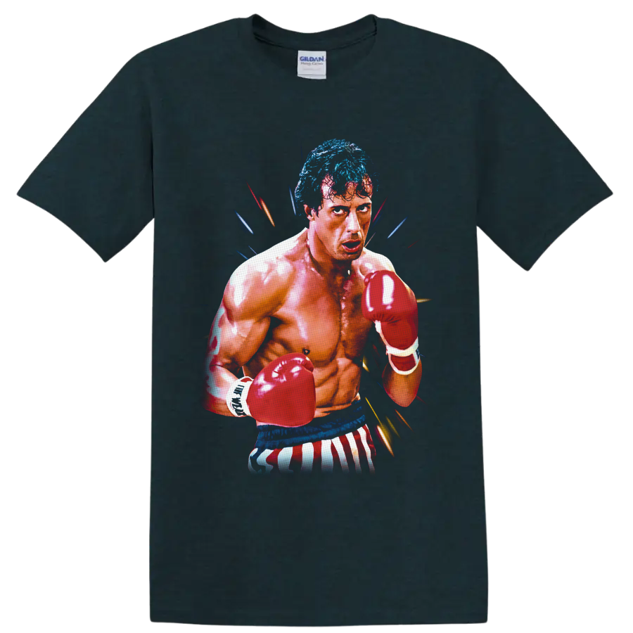 Rocky Balboa boxing portrait with red gloves, striped trunks, and colorful action streaks on a Midnight (Green) T Shirt