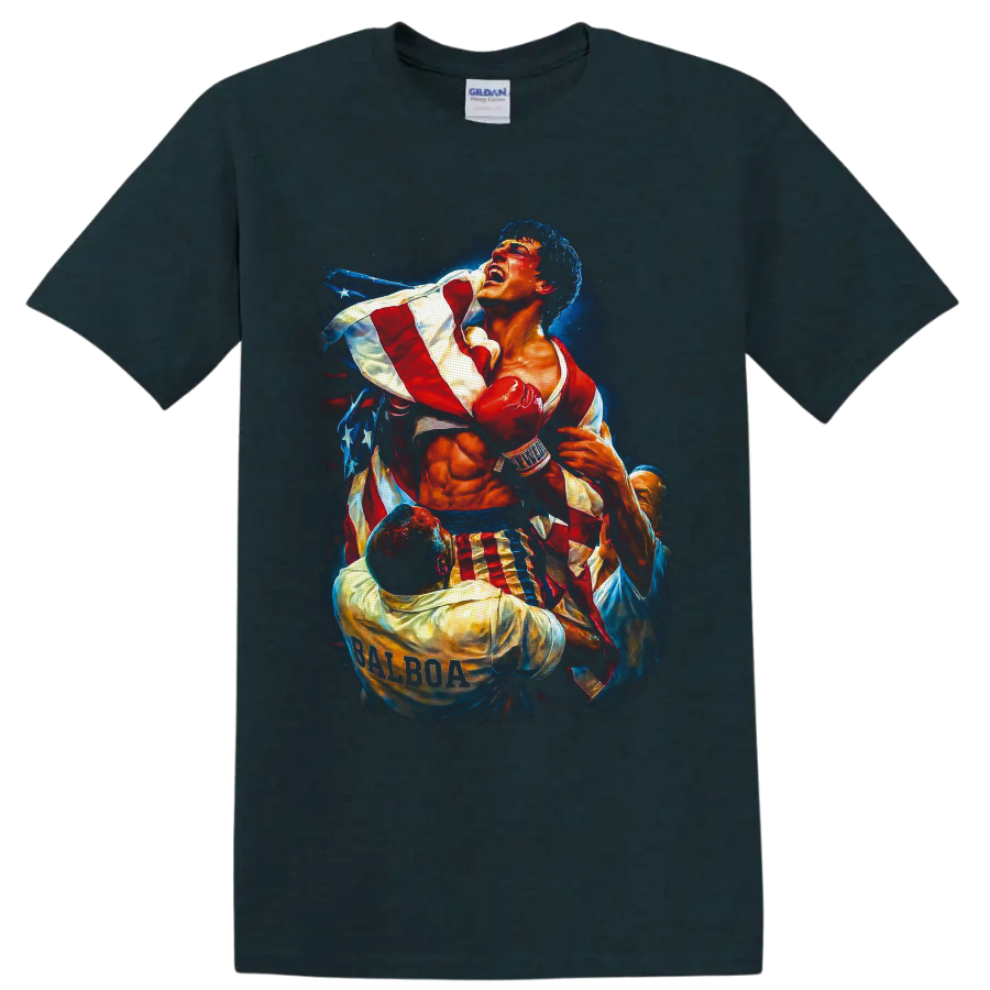 Rocky Balboa boxer in red gloves with an American flag and starry painterly backdrop on a Midnight (Green) T Shirt