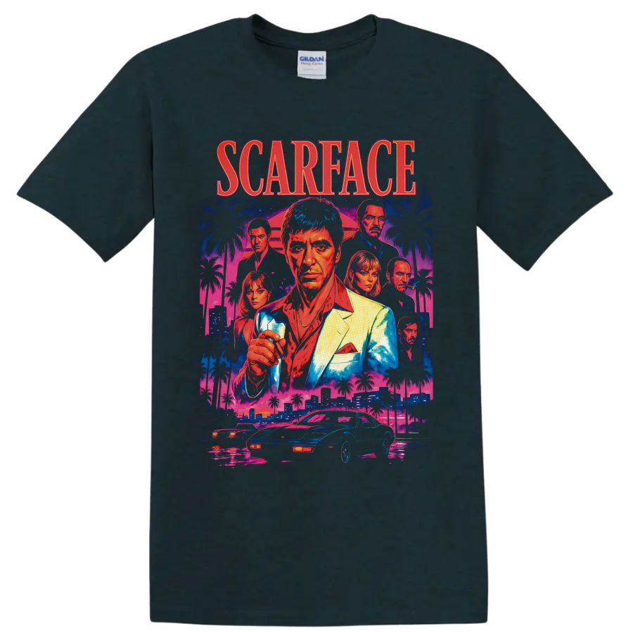 Scarface neon collage with Tony Montana, Elvira Hancock, palms, Miami skyline, and cars on a Midnight (Green) T Shirt