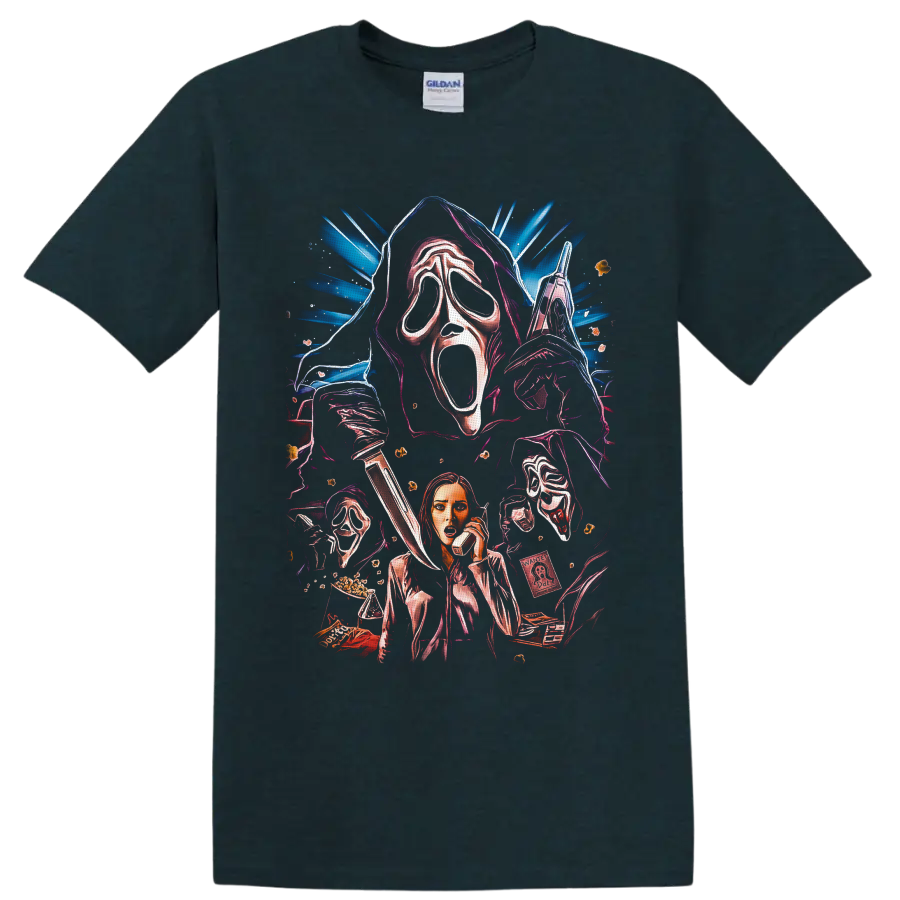 Ghostface and Sidney Prescott neon slasher collage with masks, knife, and phone on a Midnight (Green) T Shirt