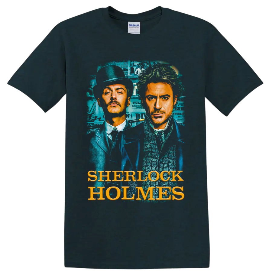 Sherlock Holmes and Dr. Watson Victorian portrait with teal collage and gold lettering on a Midnight (Green) T Shirt