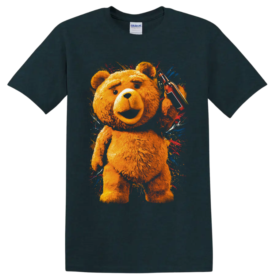 Ted bear holding red sunglasses and cup in colorful paint-splash graphic art on a Midnight (Green) T Shirt