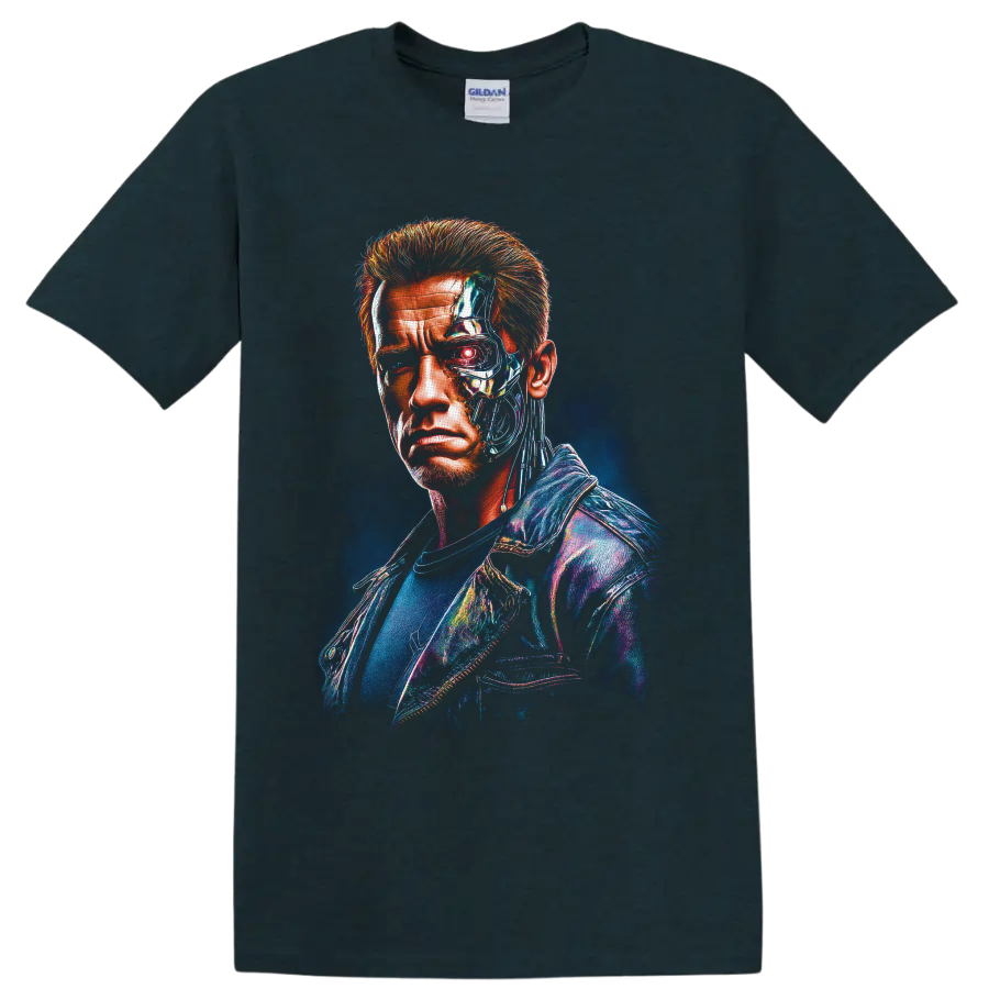 T-800 cybernetic half-human portrait with glowing red eye in neon sci-fi art on a Midnight (Green) T Shirt