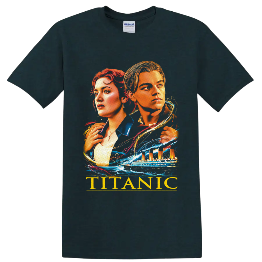 Jack and Rose Titanic portrait with ocean liner, waves, and gold TITANIC text on a Midnight (Green) T Shirt