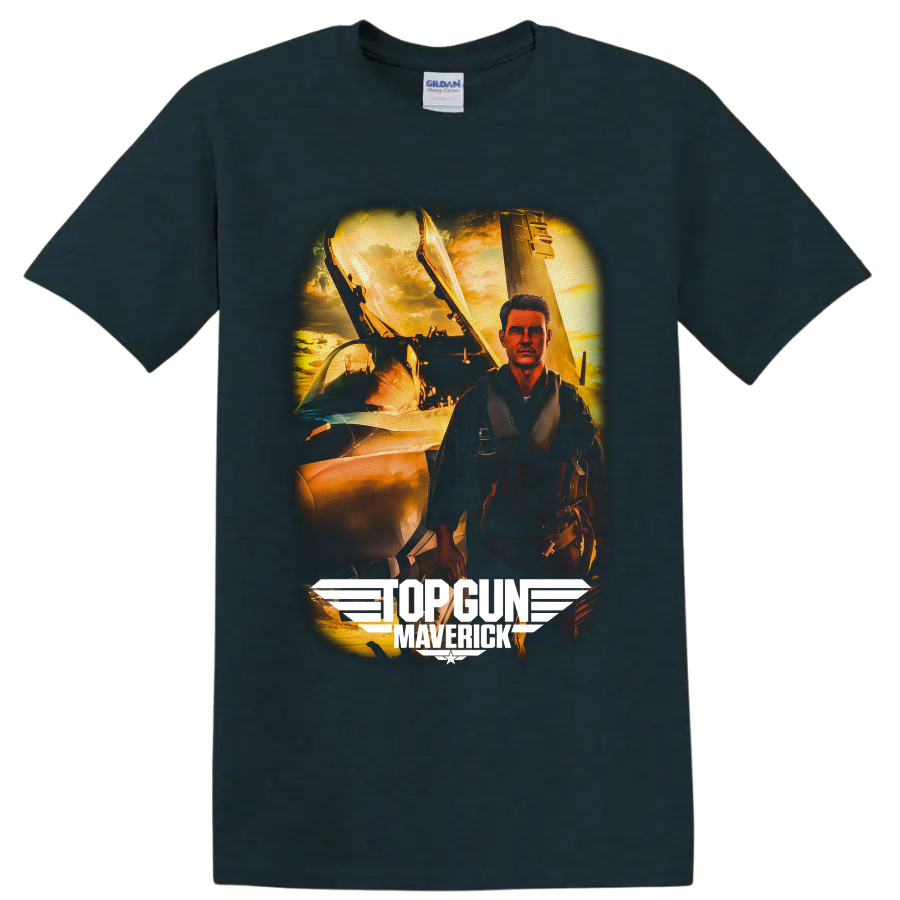 Pete Maverick Mitchell fighter pilot with jet and Top Gun Maverick sunset artwork on a Midnight (Green) T Shirt