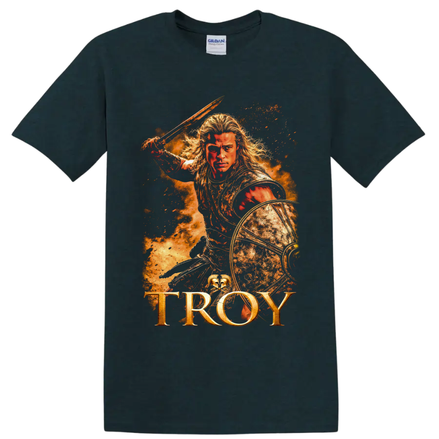 Achilles from Troy warrior with sword, round shield, fiery battle art, and TROY text on a Midnight (Green) T Shirt