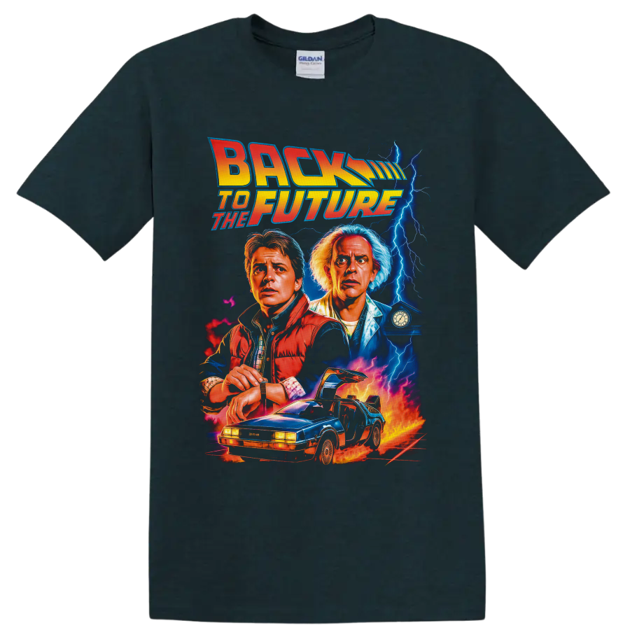 Back to the Future Marty McFly and Doc Brown lightning car graphic on a Midnight (Green) T Shirt