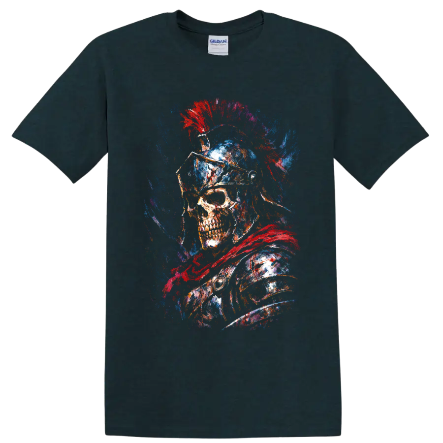 Roman gladiator skull warrior with crested helmet and red blue paint splatter art on a Midnight (Green) T Shirt