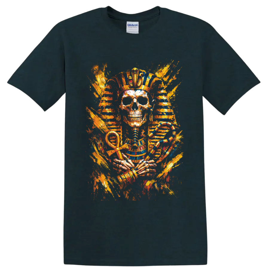 Egyptian pharaoh skull with cobra, ankh, striped headdress, and fiery painterly bursts on a Midnight (Green) T Shirt