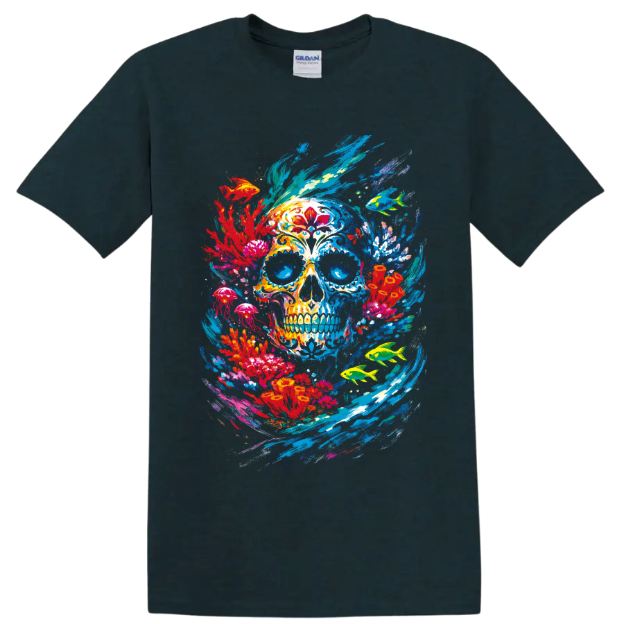 Colorful Day of the Dead-inspired skull with tropical fish, jellyfish, and ocean on a Midnight (Green) T Shirt