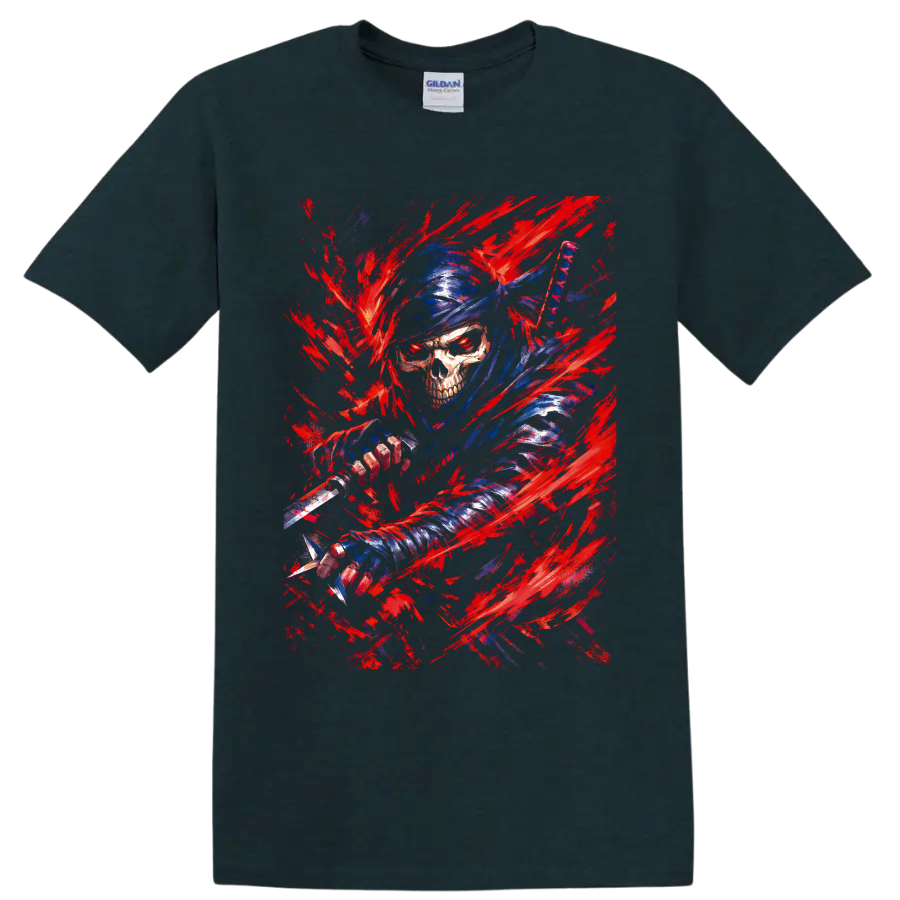 Blue-hooded skull warrior wielding a sword amid red brushstroke fantasy art on a Midnight (Green) T Shirt