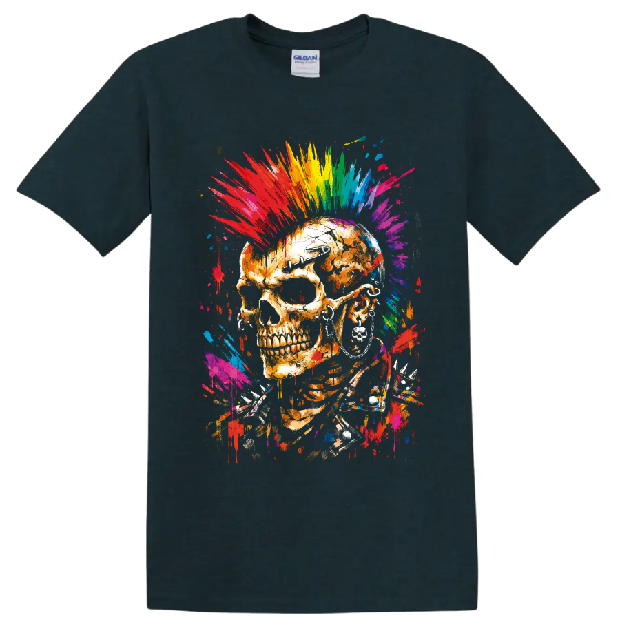 Punk rock skull with rainbow graffiti mohawk, dark eyewear, earrings, and spikes on a Midnight (Green) T Shirt