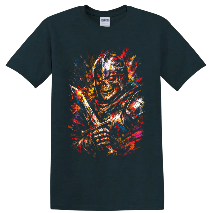 Colorful paint splatter skull and skeleton horror illustration on a Midnight (Green) T Shirt