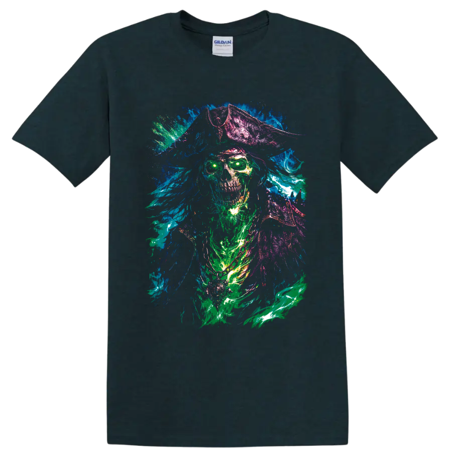 Neon undead pirate skull in a tricorn hat with glowing eyes and paint splashes on a Midnight (Green) T Shirt