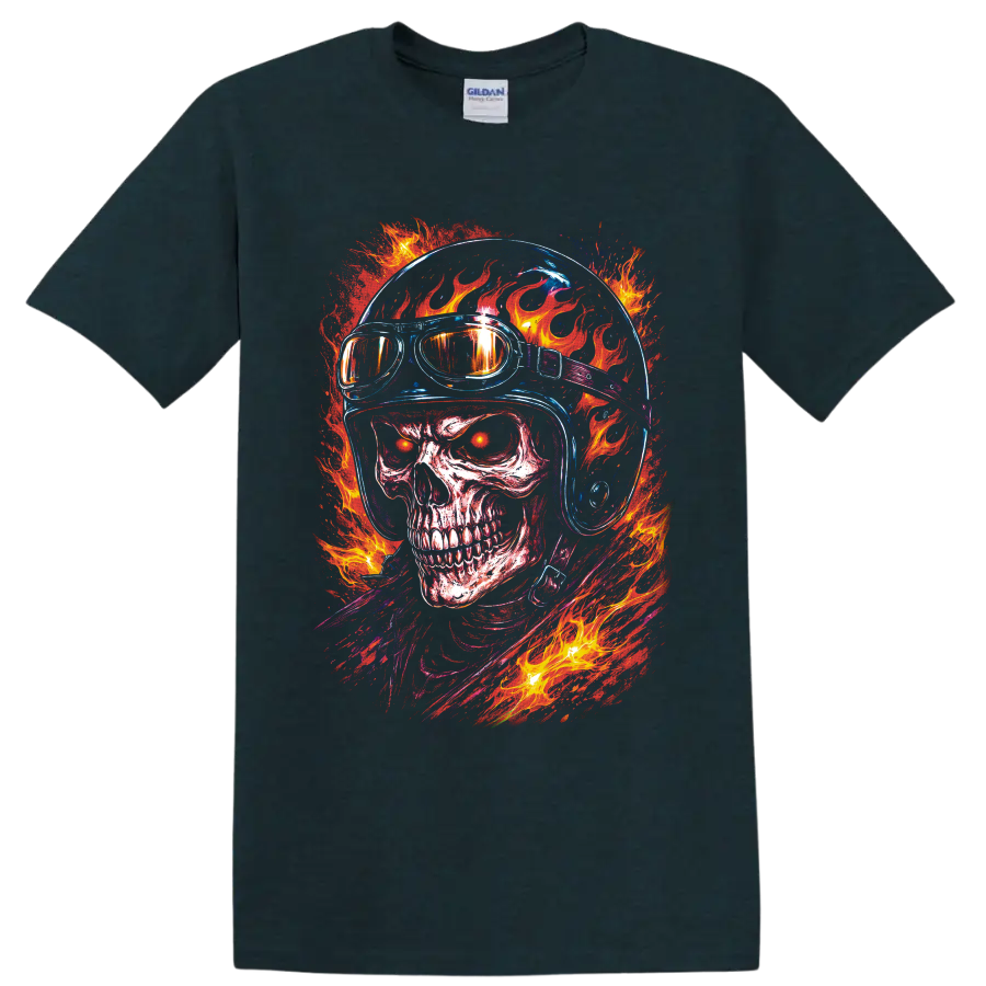 Flaming skull in motorcycle helmet and goggles with neon blue details and blazing fire on a Midnight (Green) T Shirt