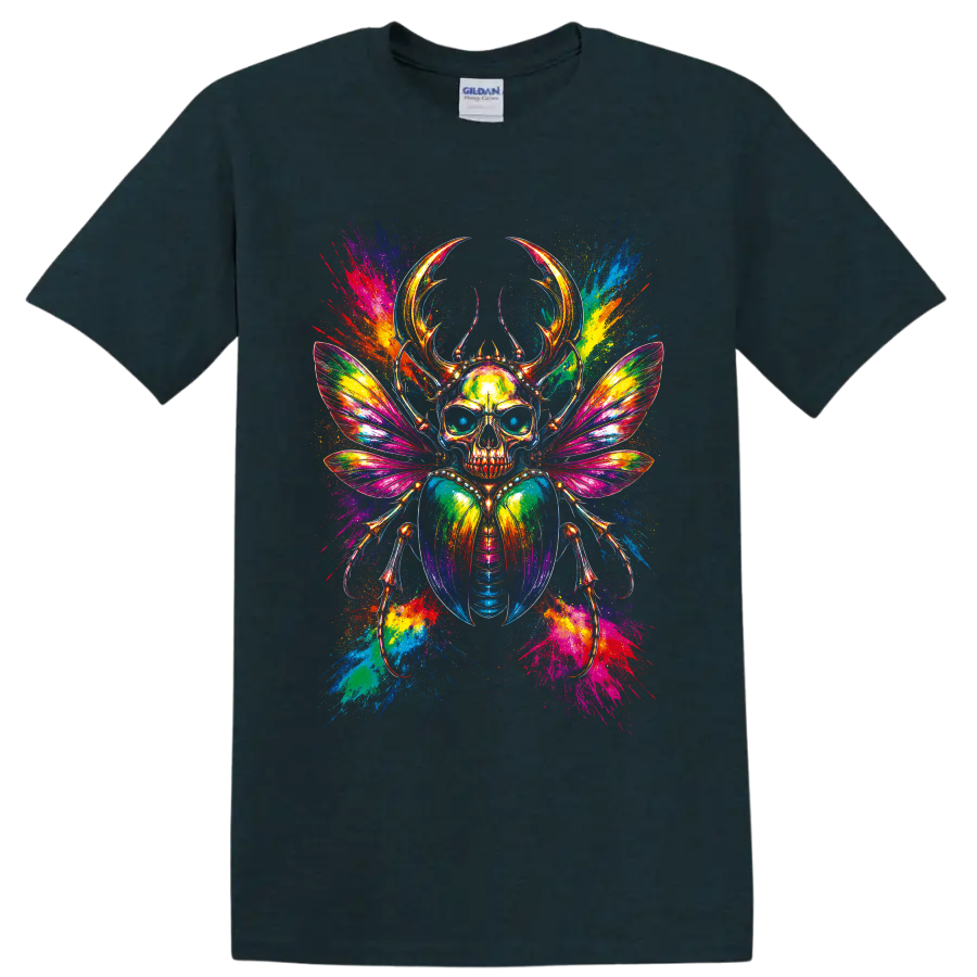 Psychedelic skull scarab beetle with rainbow wings and neon paint splatters on a Midnight (Green) T Shirt