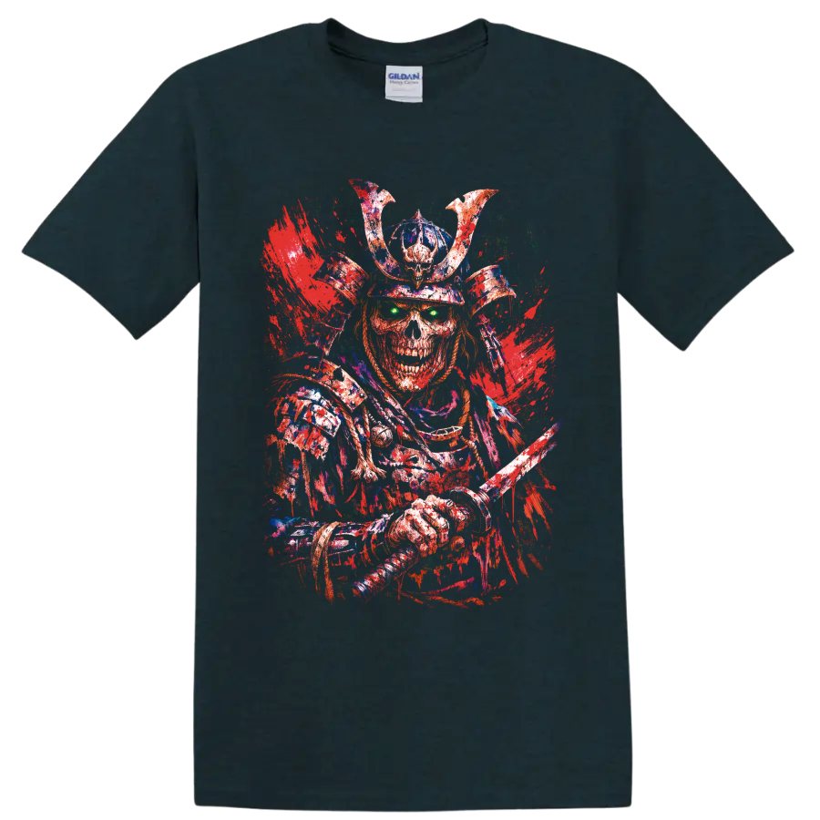 Distressed skeleton samurai warrior with horned helmet, katana, and glowing green eyes on a Midnight (Green) T Shirt