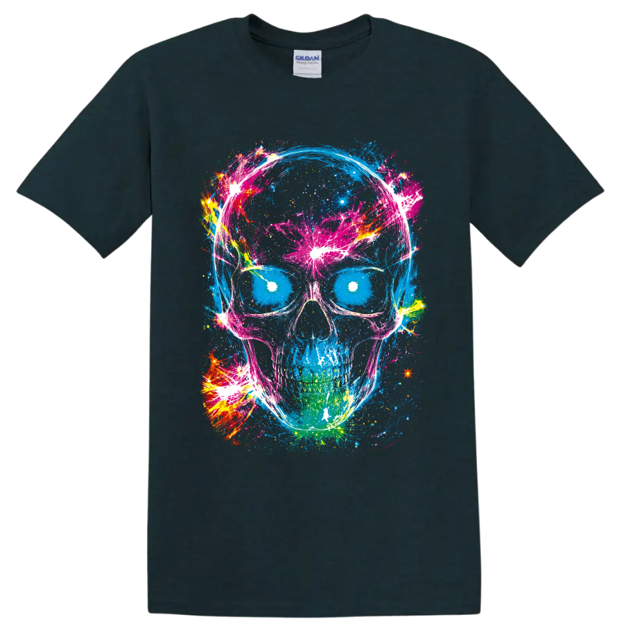 Neon blue skull with pink paint splatters, abstract brushstrokes, and bright bursts on a Midnight (Green) T Shirt