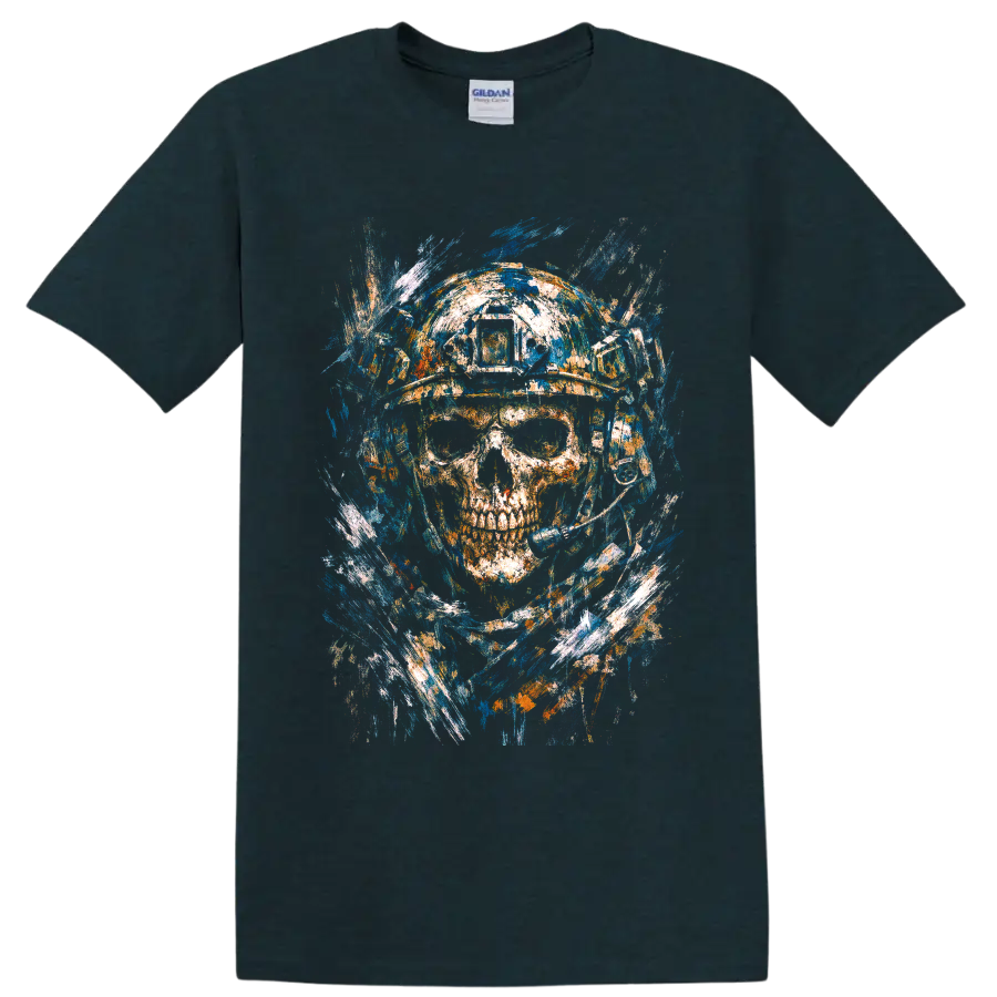 Distressed astronaut skull in a space helmet with blue and orange cosmic paint splashes on a Midnight (Green) T Shirt