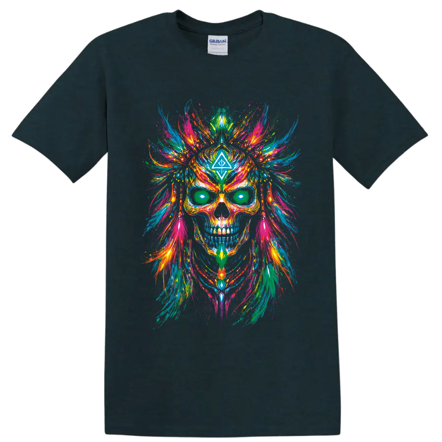 Psychedelic skull with colorful symmetrical paint splashes and geometric forehead symbol on a Midnight (Green) T Shirt