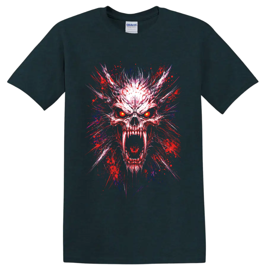 Demon skull illustration with glowing eyes and red, blue, and purple paint splatter on a Midnight (Green) T Shirt