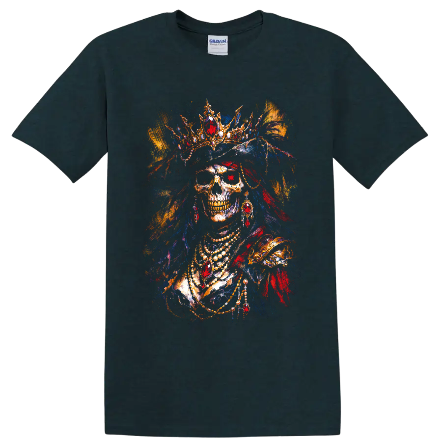 Gothic pirate queen skull portrait with jeweled crown, feathers, and necklaces on a Midnight (Green) T Shirt