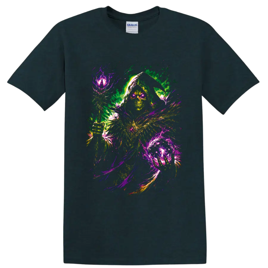 Neon Grim Reaper skull with glowing eyes and psychedelic magical energy on a Midnight (Green) T Shirt