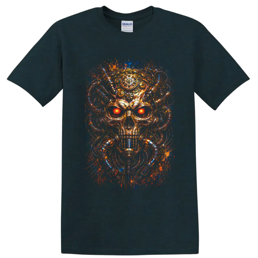 Cyberpunk mechanical skull with glowing eyes, tubes, and neon splatter art on a Midnight (Green) T Shirt
