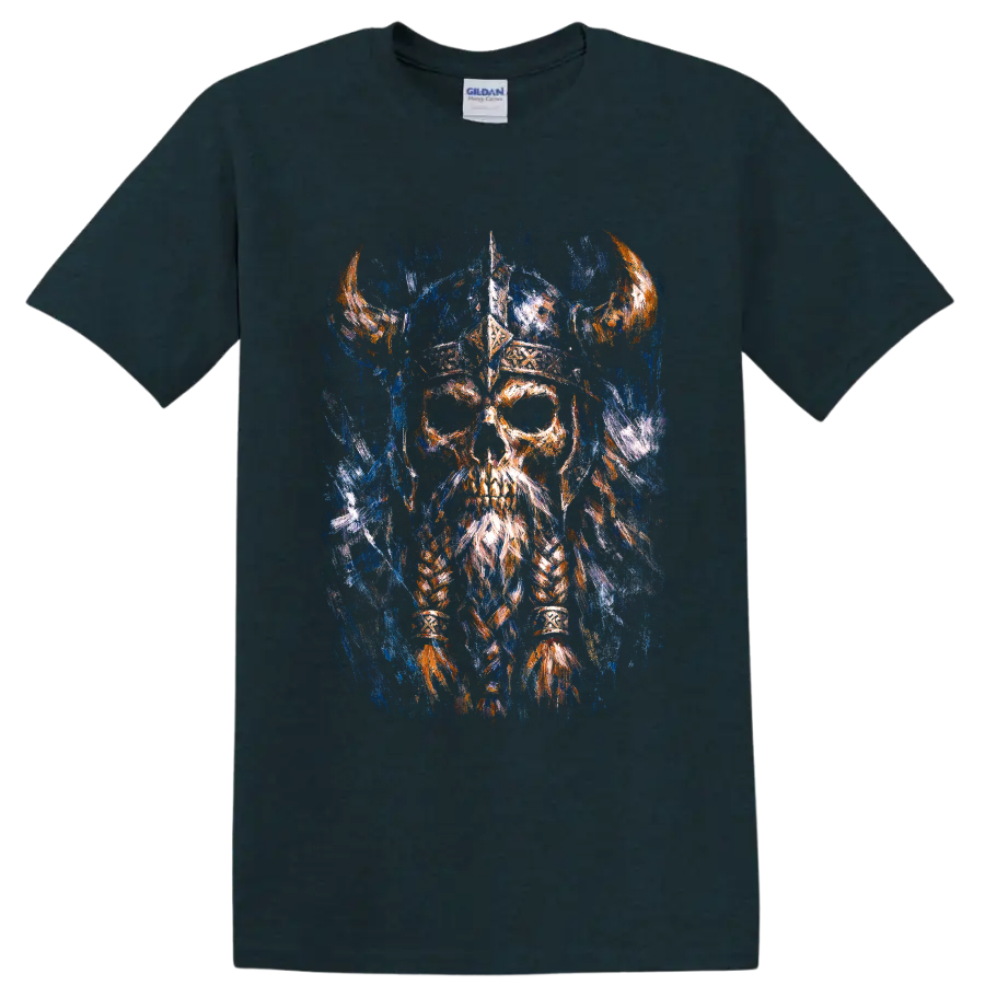 Painterly Viking-inspired skull warrior with horned helmet and braided beard on a Midnight (Green) T Shirt