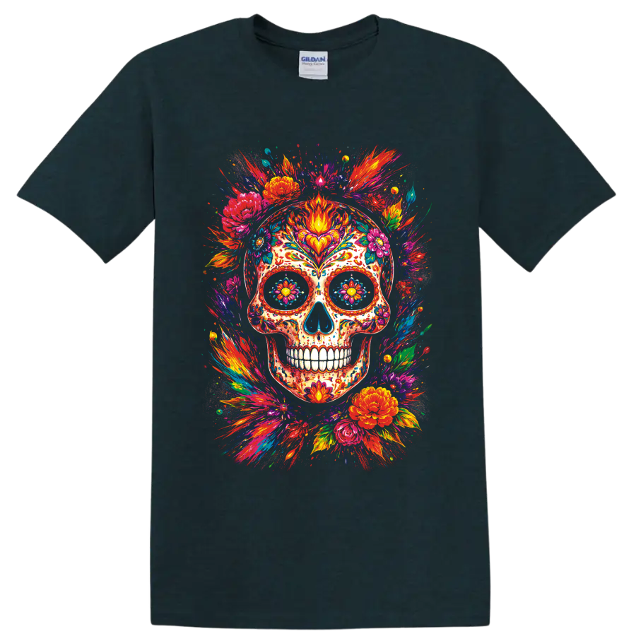 Colorful floral sugar skull illustration with vivid paint splashes and blossoms on a Midnight (Green) T Shirt