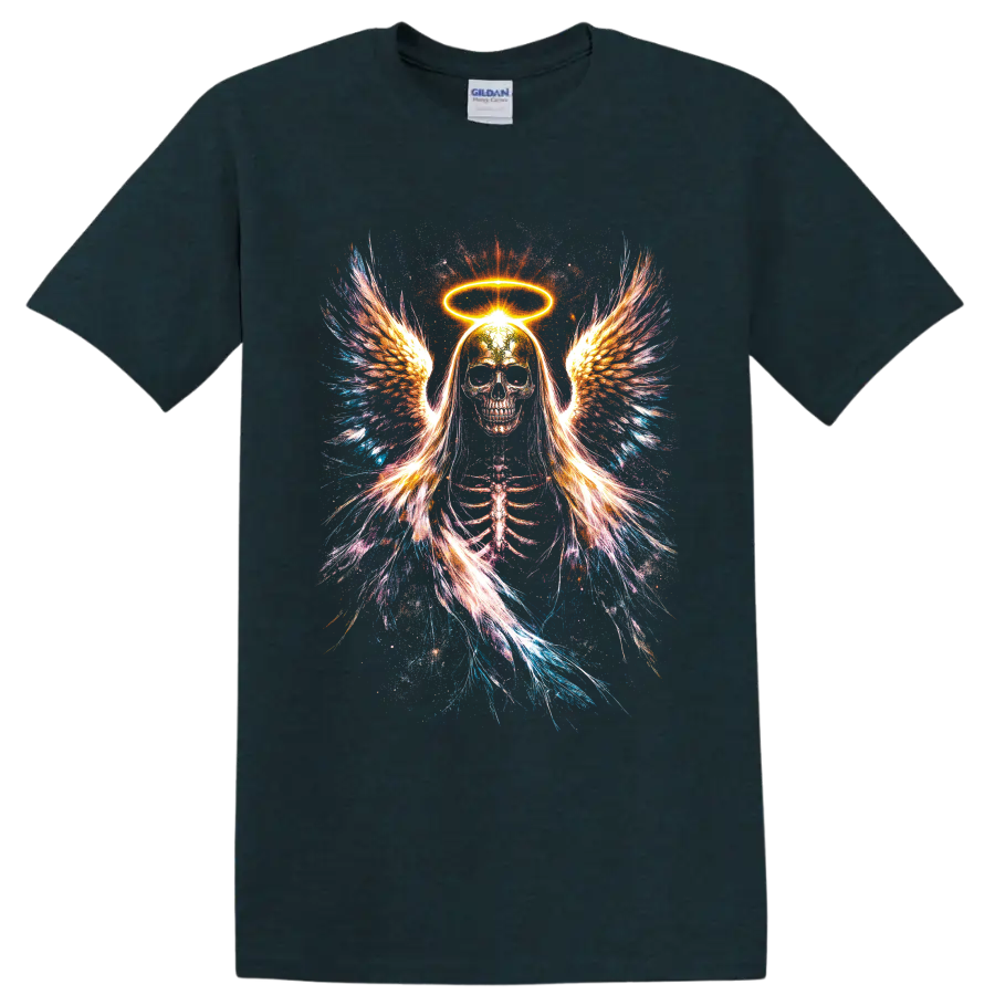 Neon angel skeleton with glowing halo, feathered wings, and splatter art on a Midnight (Green) T Shirt
