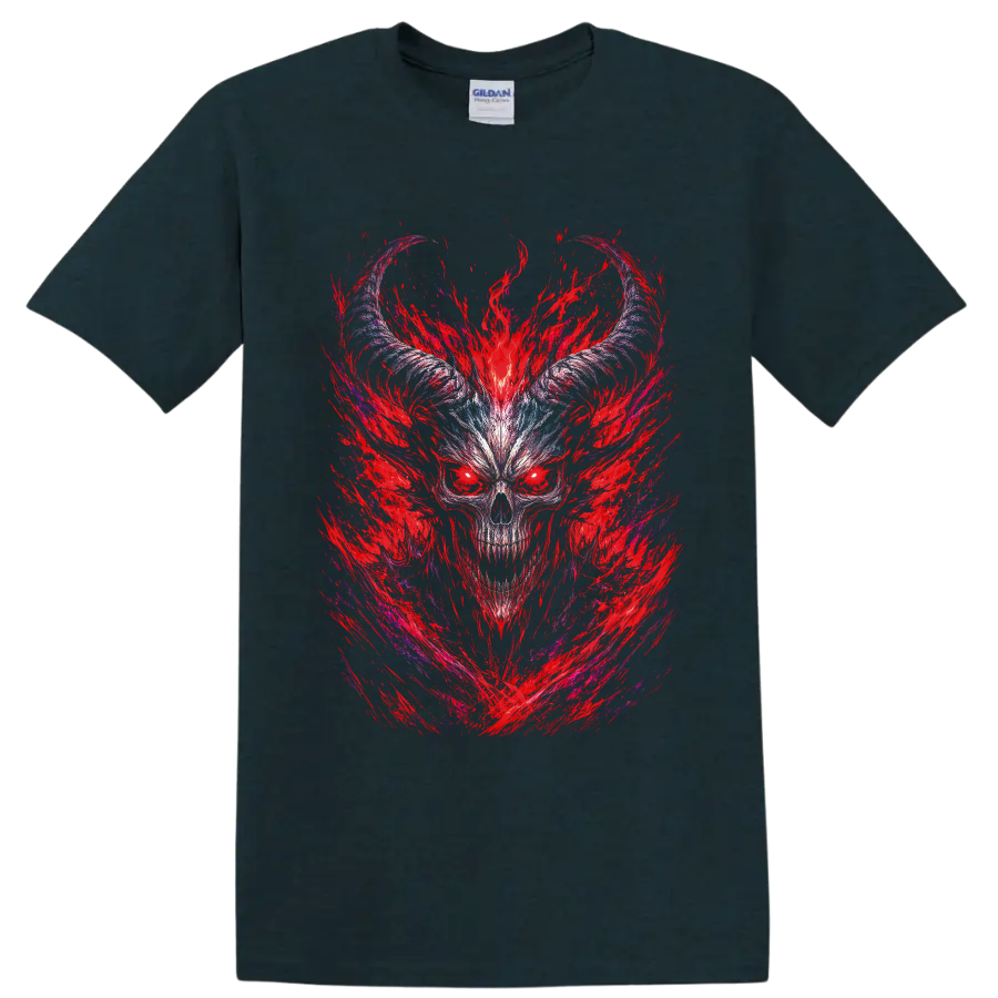 Horned demonic skull with crimson flame strokes and icy blue gothic linework on a Midnight (Green) T Shirt