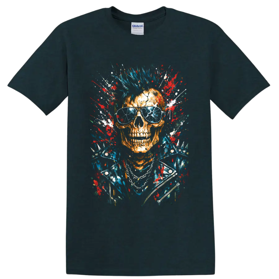 Punk skull with blue mohawk, aviator sunglasses, studded jacket, and paint splatter on a Midnight (Green) T Shirt