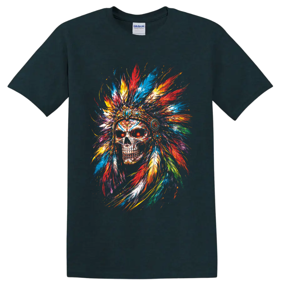Colorful skull with jeweled feather headdress in vivid painterly splatter art on a Midnight (Green) T Shirt