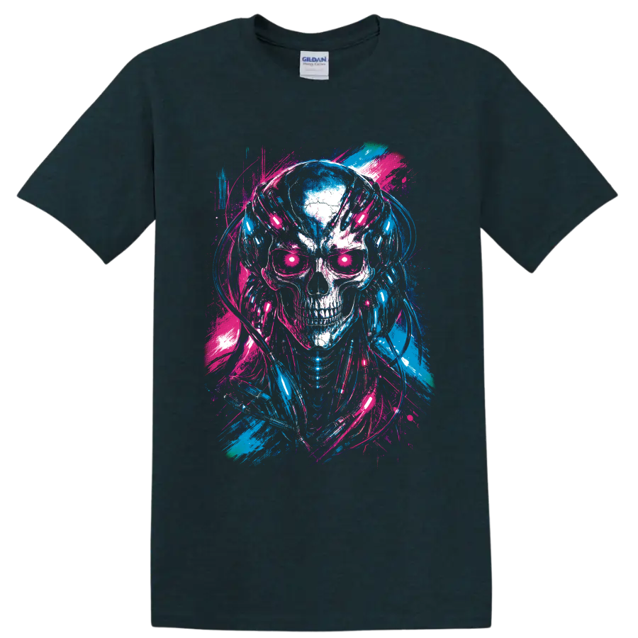 Neon cyberpunk skull wearing headphones in blue and pink distressed paint-splash art on a Midnight (Green) T Shirt