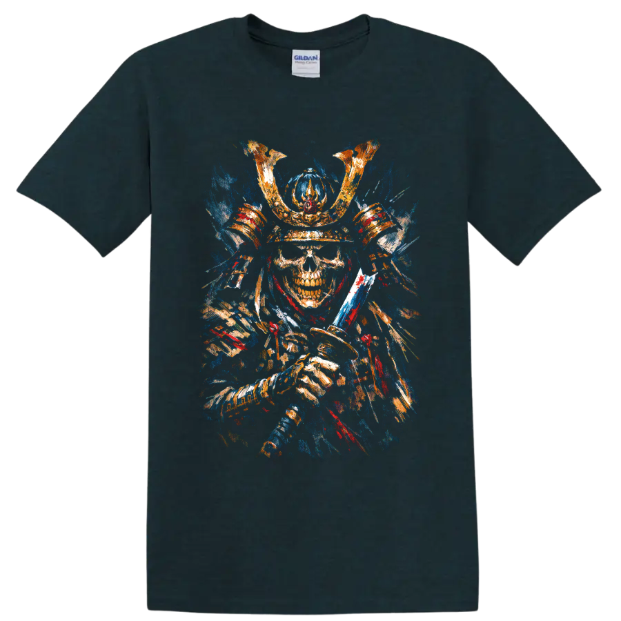 Painterly samurai skeleton in horned armor holding a katana on a Midnight (Green) T Shirt
