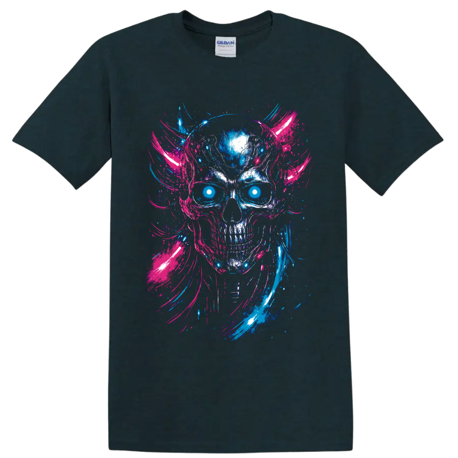 Neon cyberpunk skull with glowing cyan eyes and blue pink paint brushstrokes on a Midnight (Green) T Shirt