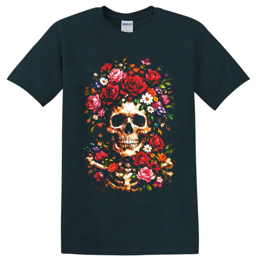 Painterly ivory skull surrounded by red roses, colorful wildflowers, and golden stems on a Midnight (Green) T Shirt