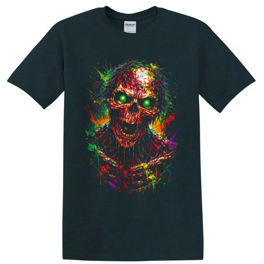 Neon zombie skull illustration with glowing green eyes and multicolor paint splatters on a Midnight (Green) T Shirt