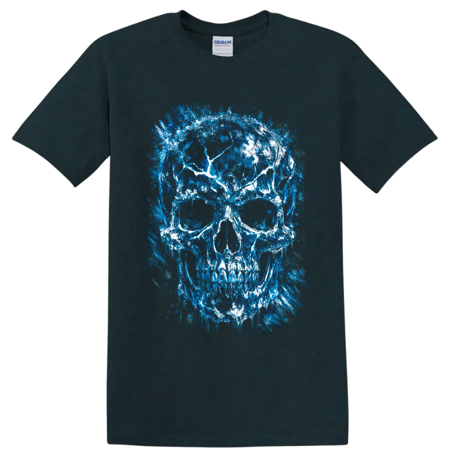 Distressed blue and white skull illustration with painterly grunge splatter texture on a Midnight (Green) T Shirt