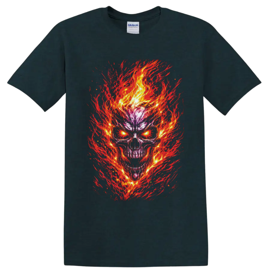 Flaming skull illustration with glowing yellow eyes and fiery red brushstrokes on a Midnight (Green) T Shirt