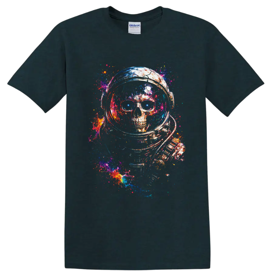 Astronaut skull in a space helmet with vivid galaxy paint-splatter art on a Midnight (Green) T Shirt