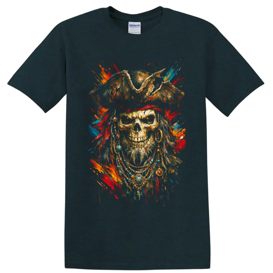 Gothic pirate skull in a weathered hat with colorful distressed paint splatters on a Midnight (Green) T Shirt