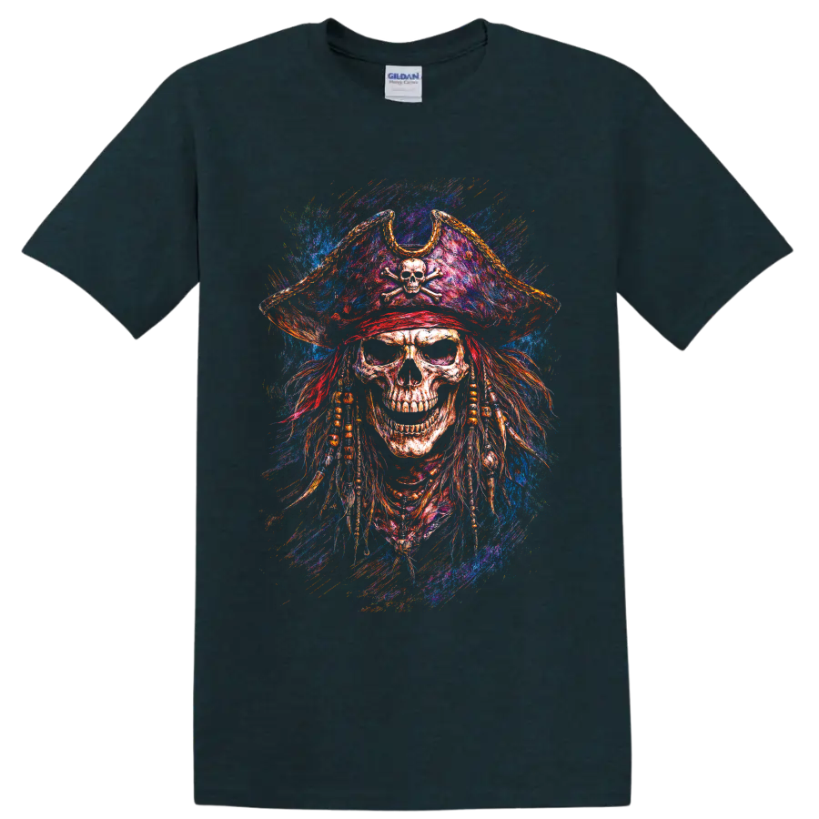Colorful pirate skull with crossbones tricorn hat and vivid paint-splash gothic art on a Midnight (Green) T Shirt